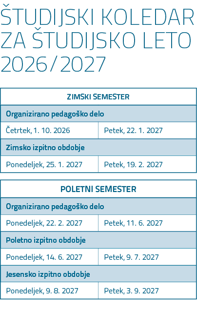  TUDIJSKI KOLEDAR ZA TUDIJSKO LETO 2026/2027 