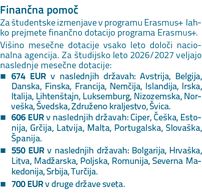 Finan na pomo Za  tudentske izmenjave v programu Erasmus+ lahko prejmete finan no dotacijo programa Erasmus+. Vi ino...