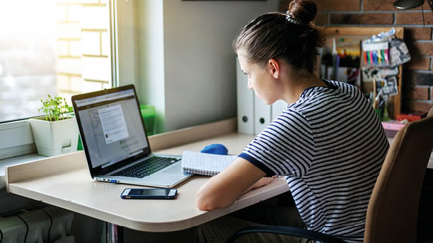 Girl student freelancer working with laptop at home by the window, education and remote work, programmer, online business