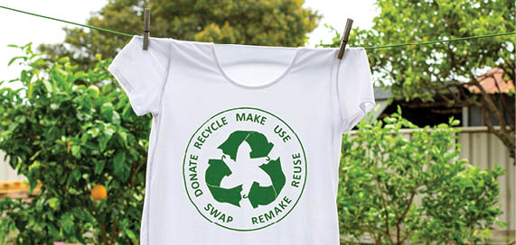 T shirt on washing line with circular economy textiles icon, make, use, reuse, swap, donate, recycle with eco clothes recycle icon sustainable fashion concept