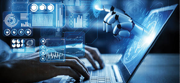 3D rendering artificial intelligence AI research of robot and cyborg development for future of people living. Digital data mining and machine learning technology design for computer brain.