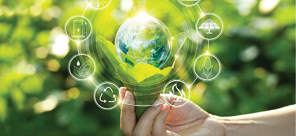 Hand holding light bulb against nature on green leaf with icons energy sources for renewable, sustainable development. Ecology concept. Elements of this image furnished by NASA.