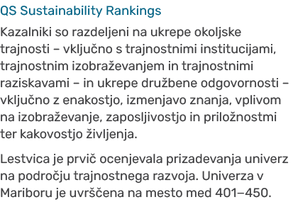 QS Sustainability Rankings Kazalniki so razdeljeni na ukrepe okoljske trajnosti – vklju no s trajnostnimi institucija...