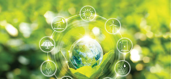 Hand holding light bulb against nature on green leaf with icons energy sources for renewable, sustainable development. Ecology concept. Elements of this image furnished by NASA.