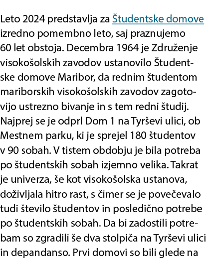 Leto 2024 predstavlja za tudentske domove izredno pomembno leto, saj praznujemo 60 let obstoja. Decembra 1964 je Zdr...