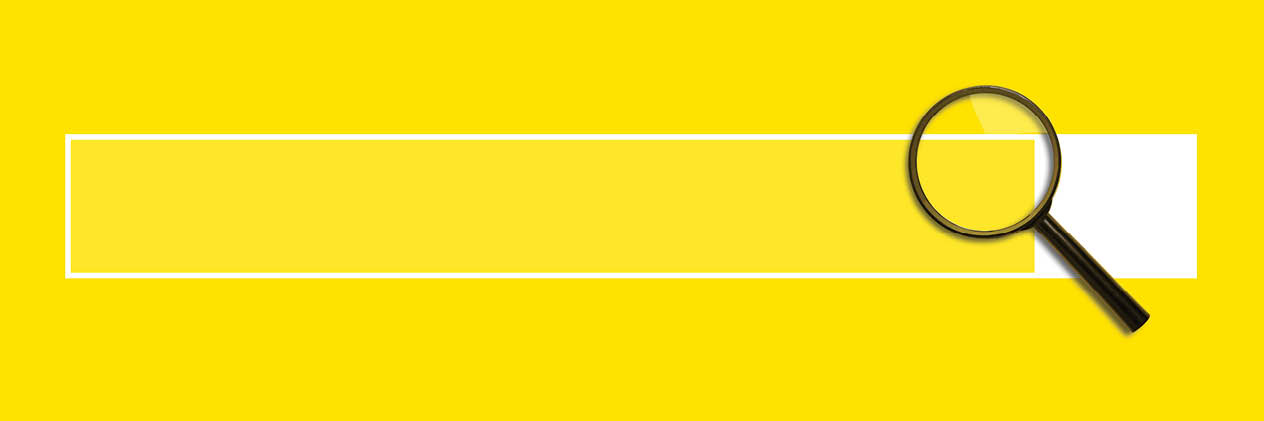 female hand holds a magnifying glass loupe on the search bar on a yellow background. Web search. Banner.