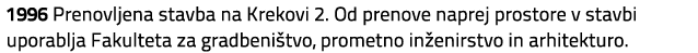 1996 Prenovljena stavba na Krekovi 2. Od prenove naprej prostore v stavbi uporablja Fakulteta za gradbeni tvo, promet...