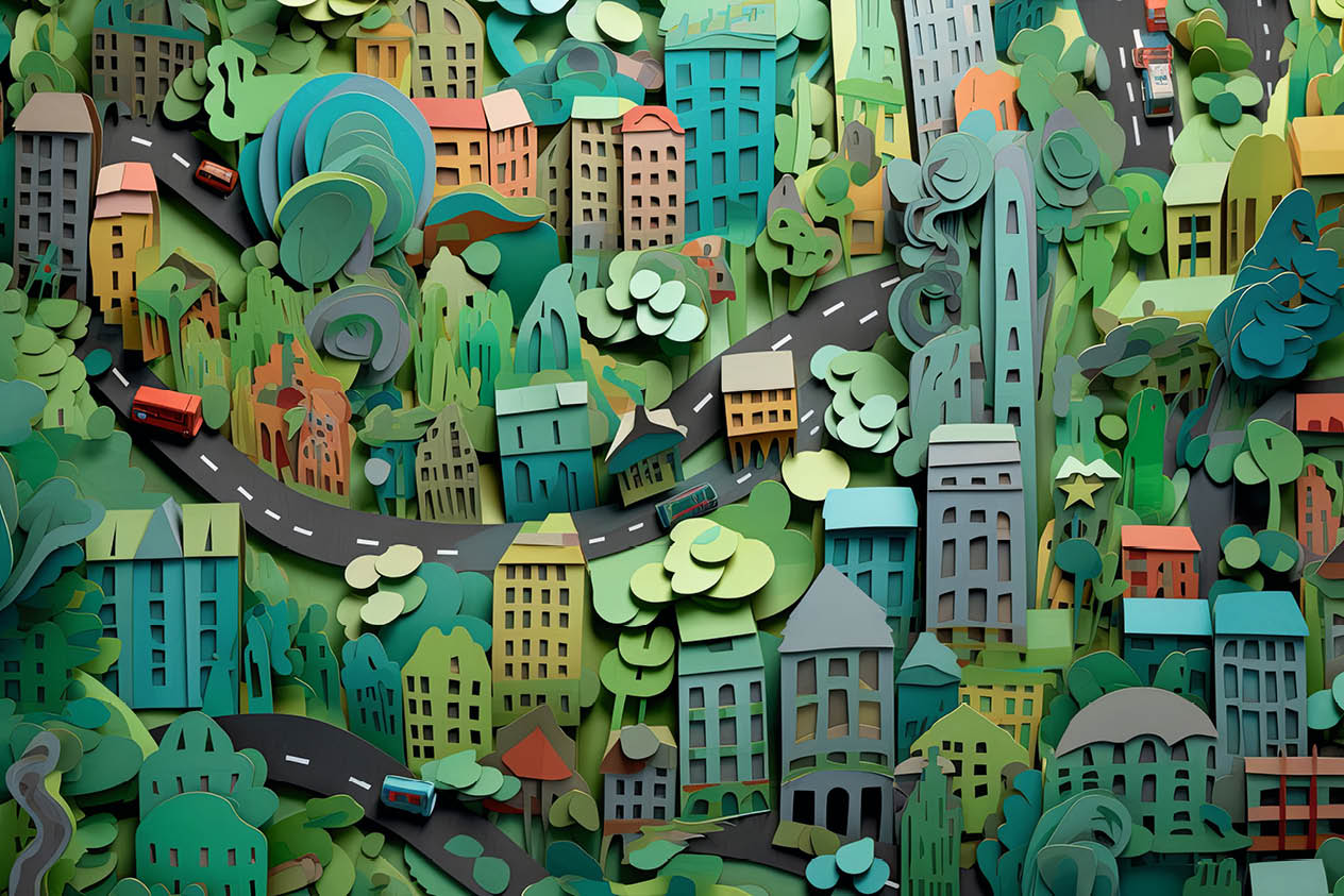 Green eco city. Sustainable city skyline.