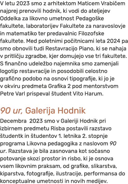 V letu 2023 smo z arhitektom Maticem Vrabi em najprej prenovili hodnik, ki vodi do ateljejev Oddelka za likovno umetn...