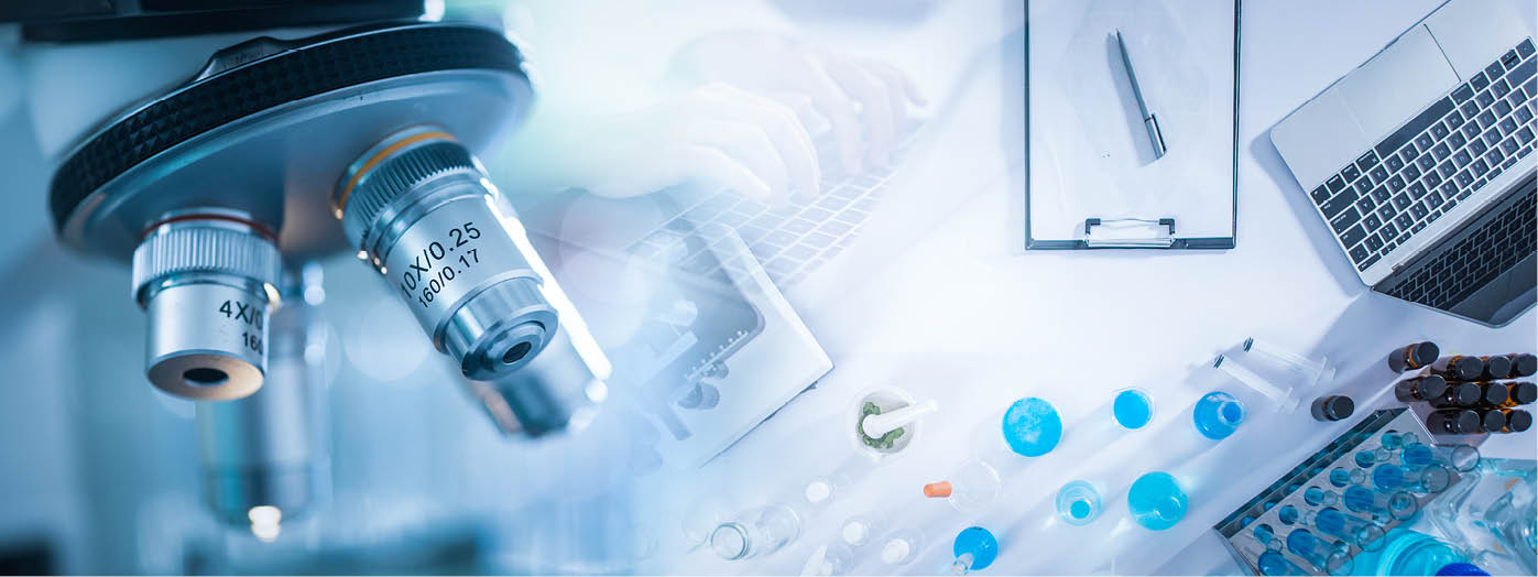 Panoramic web banner of microscope in a medical research lab or science laboratory.