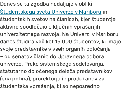 Danes se ta zgodba nadaljuje v obliki tudentskega sveta Univerze v Mariboru in  tudentskih svetov na  lanicah, kjer ...