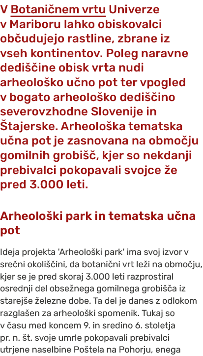 V Botani nem vrtu Univerze v Mariboru lahko obiskovalci ob udujejo rastline, zbrane iz vseh kontinentov. Poleg naravn...