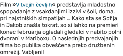 Film »V tvojih evljih« predstavlja mladostno spopadanje z vsakdanjimi izzivi v  oli, doma, pri najstni kih simpatija...