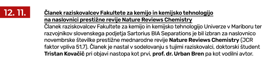 ￼ lanek raziskovalcev Fakultete za kemijo in kemijsko tehnologijo na naslovnici presti ne revije Nature Reviews Chem...