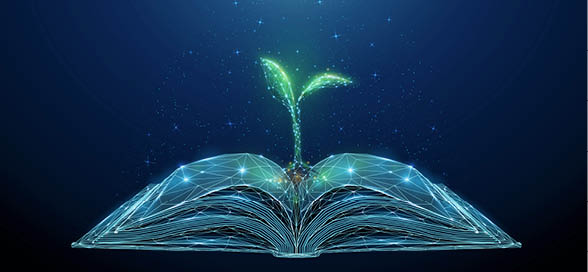 Abstract open book with growing young plant. Low poly style design. Abstract geometric background. Wireframe light connection structure. Modern 3d graphic ecology concept. Isolated vector illustration