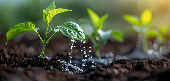 This captivating image showcases fresh green seedlings sprouting from rich dark soil, illuminated by soft background light. Water droplets adorn the leaves, emphasizing growth and vitality.