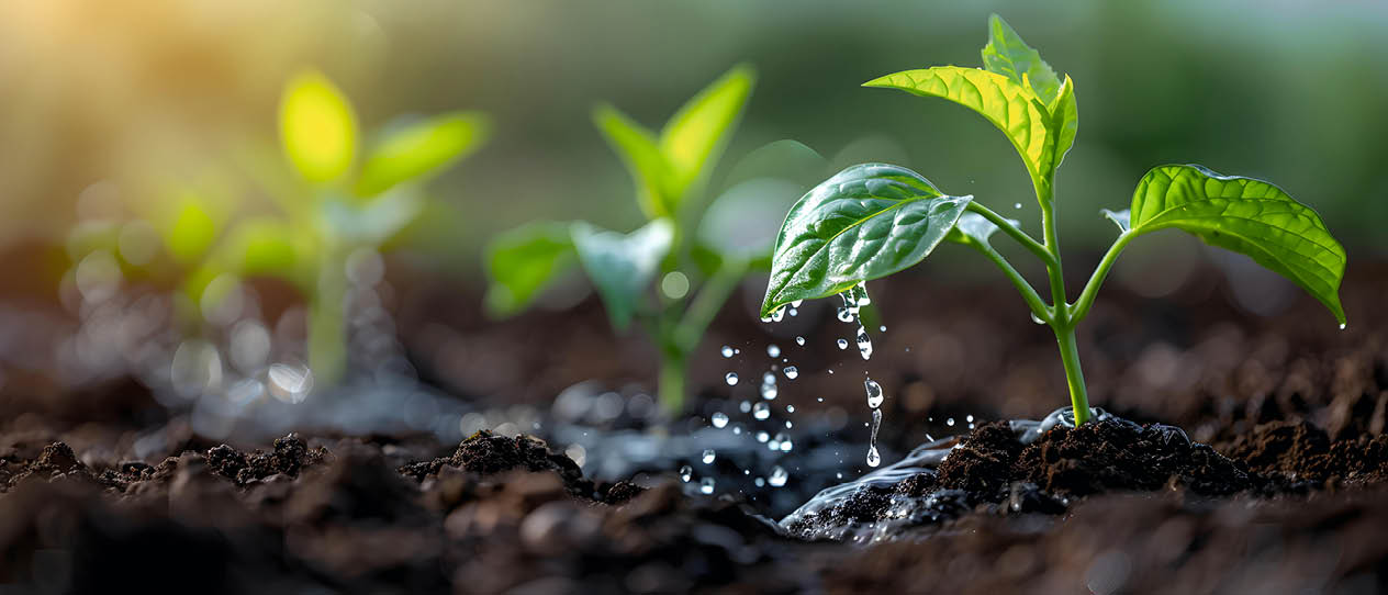 This captivating image showcases fresh green seedlings sprouting from rich dark soil, illuminated by soft background light. Water droplets adorn the leaves, emphasizing growth and vitality.