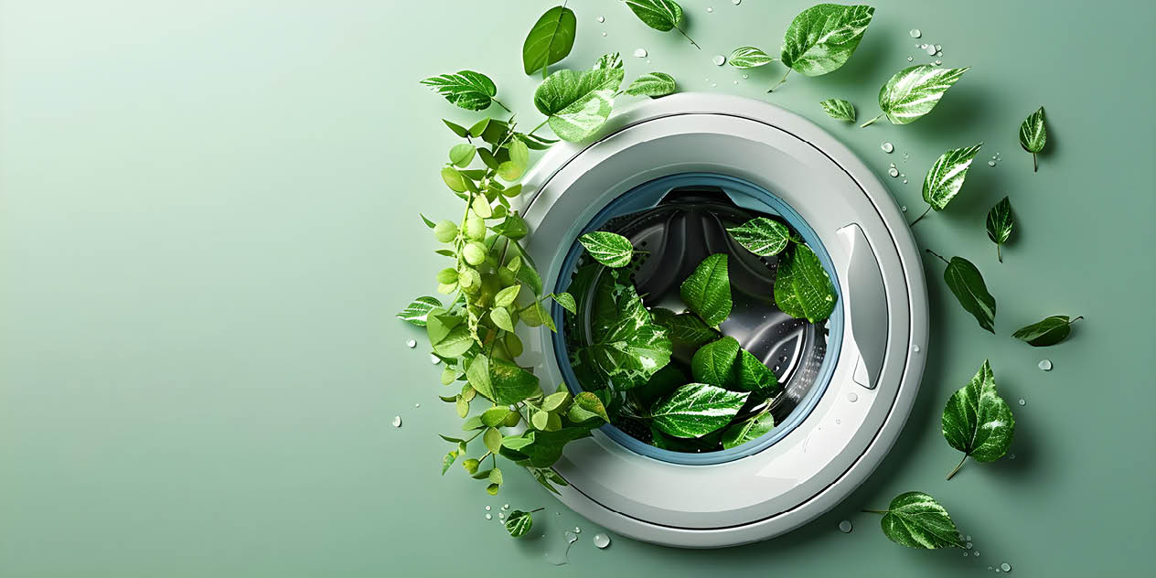 Greenwashing washing machine banner with copy space for ecofriendly products. Concept Ecofriendly Appliances, Green Living, Sustainable Choices, Environmental Awareness, Household Innovations