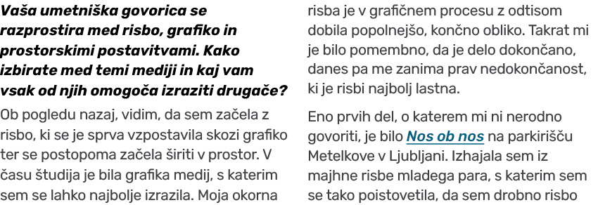 Va a umetni ka govorica se razprostira med risbo, grafiko in prostorskimi postavitvami. Kako izbirate med temi mediji...